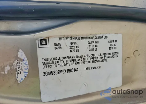 1999 Buick Century Custom from USA, damaged, VIN 2G4WS52M9X1586144